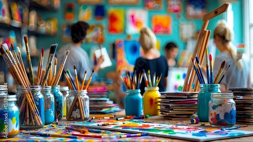 Creative colorful art studio classroom interior, painting brushes, paint jars, artists working

