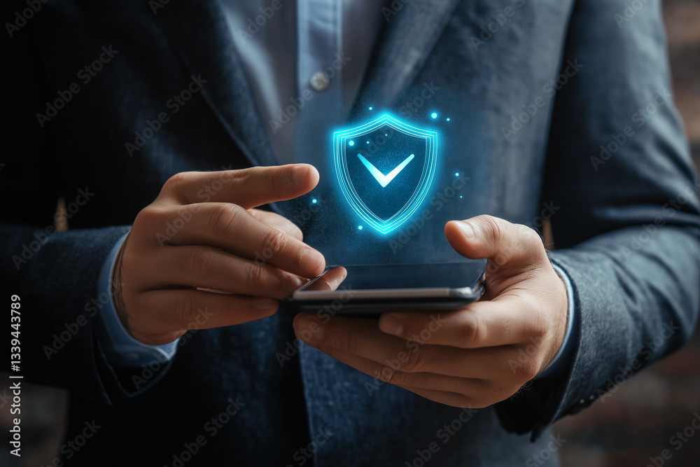 Mobile Payment Security Protection. businessman interacting with a virtual shield icon for secure payment confirmation, holding a smartphone in the background Mobile Payment Security Protection. businessman interacting with a virtual shield icon for secure payment confirmation, holding a smartphone in the background