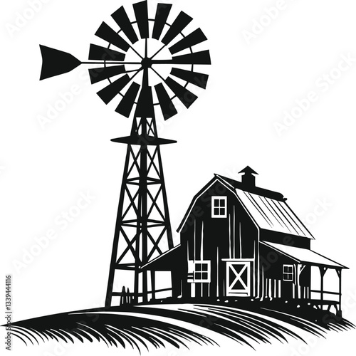 Hand drawn farm silhouette with Farm House vector and farm market and landscape.