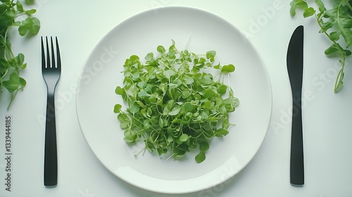 Green Microgreens on White Plate With Black Utensils for Healthy Lunch or Diet