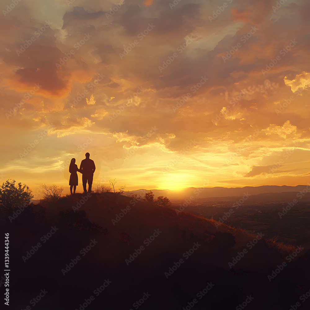Fototapeta premium Silhouetted couple standing on a hilltop at sunset, overlooking a vibrant landscape