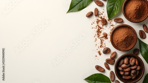 Cocoa beans powder and leaves arranged on white background © rehan