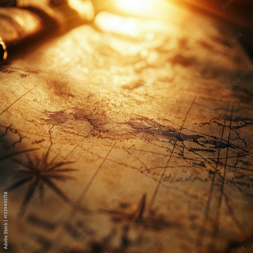 Naklejka premium An old detailed antique map illuminated with warm sunlight glow