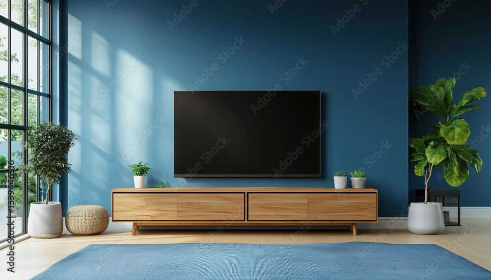 Modern Room With Tv Cabinet Against Blue Wall In A Realistic Rendering Of Interior Design. Elegant And Stylish Furniture Piece.