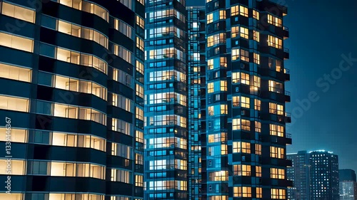Close-up modern apartment building facade exterior at night, illuminated windows architecture

 photo
