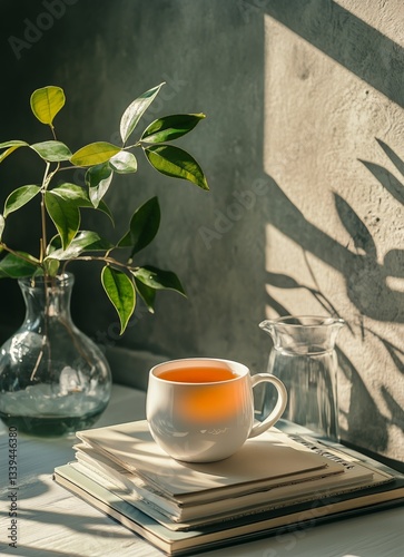 Morning Sunlight Illuminates Coffee, Books, and Vase With Plant
