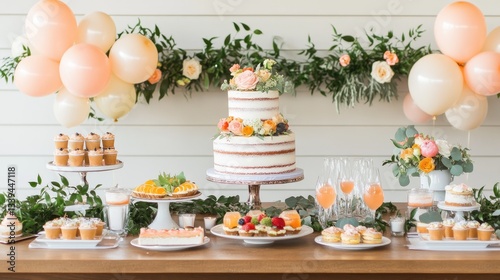 Wallpaper Mural A beautifully arranged wedding dessert station with a sophisticated cake, stylish florals, and soft, airy balloons. Torontodigital.ca