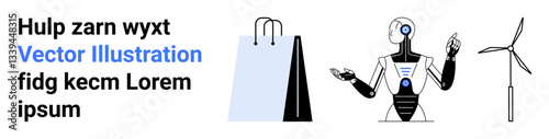 Humanoid robot gestures beside wind turbine and shopping bag, evoking technology, innovation, renewable energy, and commerce. Ideal for AI, sustainability, retail, technology blogs and simple