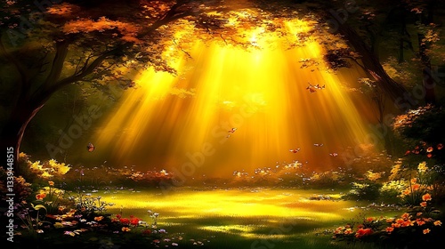 Golden sunlight beams through enchanted forest.