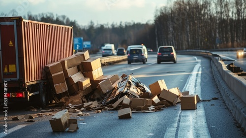 A truck has spilled its cargo across the highway, creating a frustrating traffic situation as drivers navigate around the scattered boxes