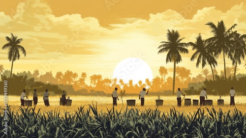 Farmers Harvesting Crops at Sunset Under Palm Trees