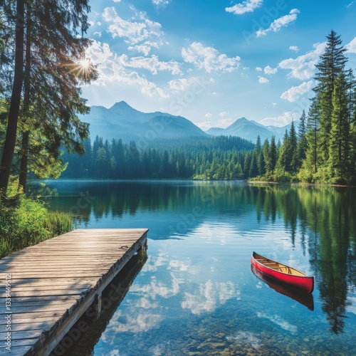 Peaceful lake, wooden dock, mountains, canoe