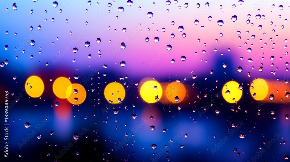 Raindrops on a window at sunset, blurring city light in the background creating a serene mood Raindrops on a window at sunset, blurring city light in the background creating a serene mood