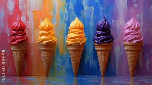 Colorful Ice Cream Cones Sitting on a Pink Surface With Candy Sprinkles