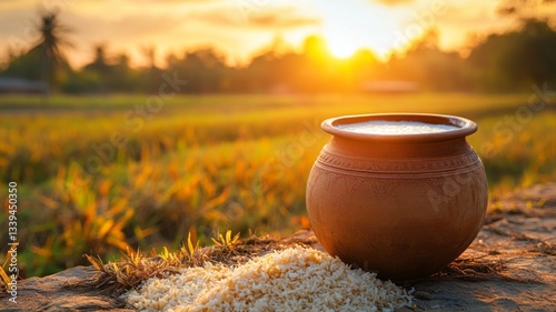 Clay Pot Of Rice Drink At Sunset In Rice Paddy