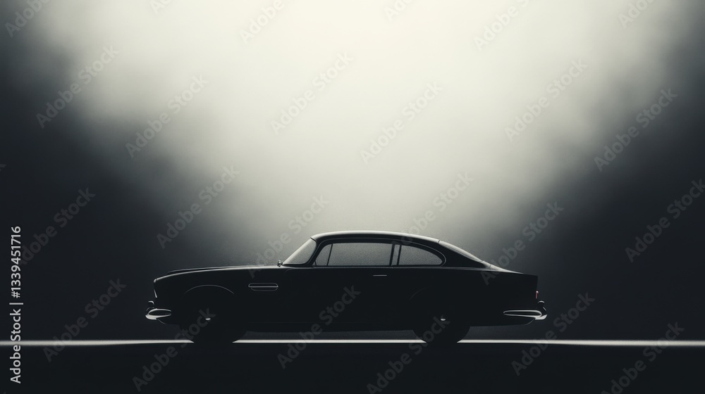 Silhouette of a classic car in a spotlight.