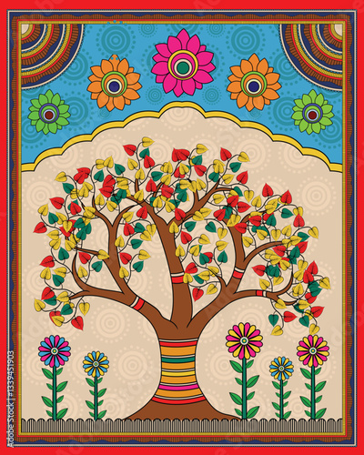 Madhubani Painting: Tree of Life with Multicolored Leaves. Madhubani art, Mithila painting. Indian folk art, Madhubani colorful tree