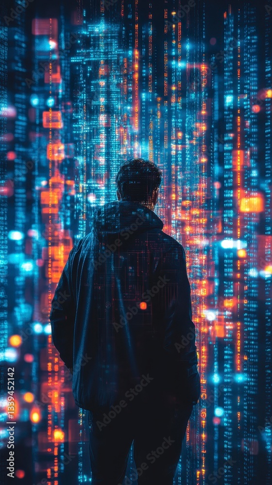 A figure stands against a backdrop of colorful digital data streams, symbolizing the intersection of technology and human experience.