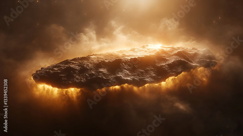 Cosmic Inferno: A celestial body ablaze with fire and light. A digital painting of a meteor shower through smoke and clouds creating a dramatic scene of power and cosmic beauty.