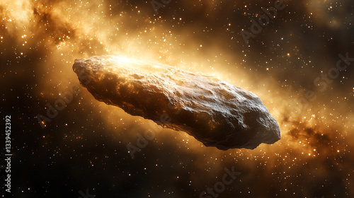 Cosmic Voyager: A celestial body, perhaps a comet or asteroid, streaks across the cosmos, surrounded by a radiant, fiery glow, capturing the awe-inspiring beauty of space exploration