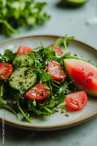 Fresh Salad on Plate With Watermelon, Arugula, and Tomatoes Served