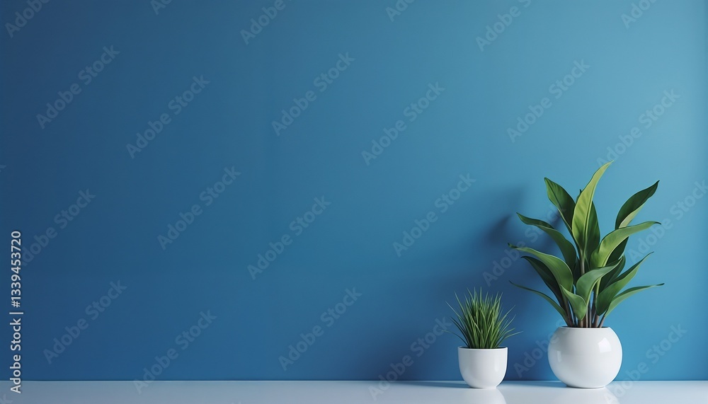 Minimalistic arrangement of potted plants against a vibrant blue wall, creating a fresh and modern decor Minimalistic arrangement of potted plants against a vibrant blue wall, creating a fresh and modern decor