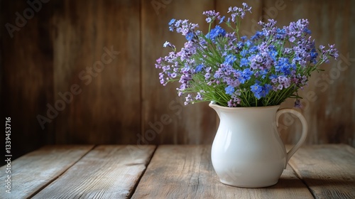 Forget-me-nots Arrangement in White Pitcher Stands on Wooden Table