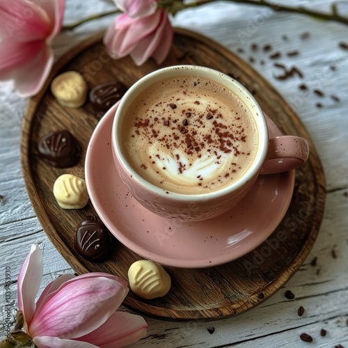 Pink Cup of Latte With Latte Art and Chocolate Candies on Wooden Tray