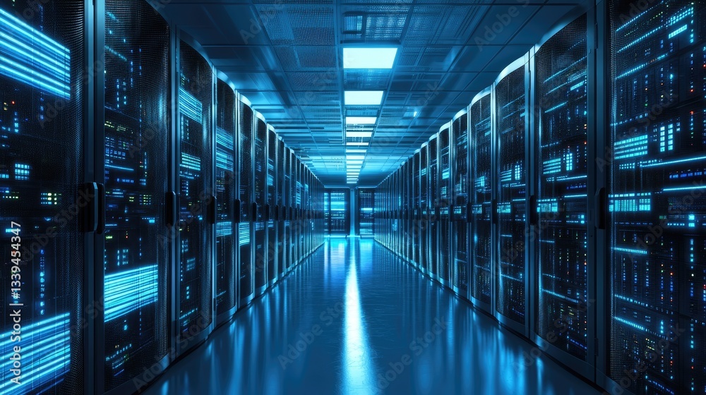 A data center filled with high-speed networking equipment and cloud servers. A data center filled with high-speed networking equipment and cloud servers.