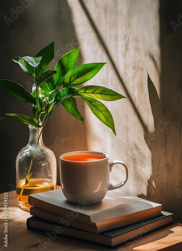 Morning Sunlight Illuminates Coffee, Books, and Vase With Plant