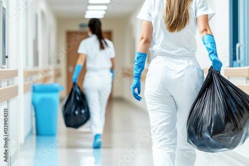 Clean Up Crew: A pair of hospital cleaning staff, in protective wear, walk down a long hallway while carrying trash bags and maintaining cleanliness in a medical environment.