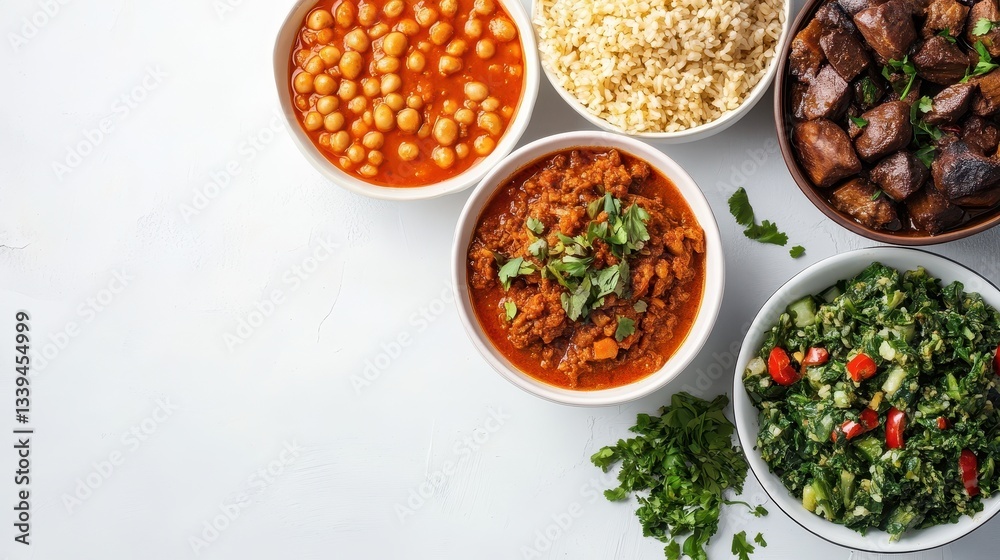 A top view of various bowls of prepared food A top view of various bowls of prepared food