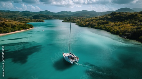 Sailing Boat Navigates Turquoise Ocean Waters, Aerial View During Bright Sunn...