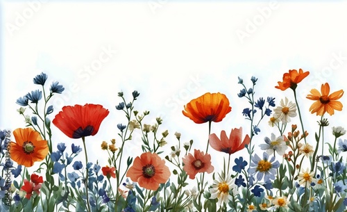 Watercolor Meadow Flowers in Bloom Create a Colorful Field Against a White Ba...