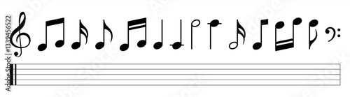 Set of musical notes. Black musical note icons. Music elements. Treble clef. Vector stock illustration.