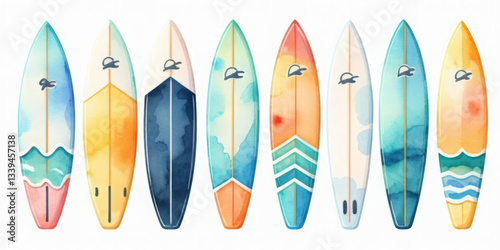 Summer surfboards icon watercolor art beach setting vibrant colors creative viewpoint