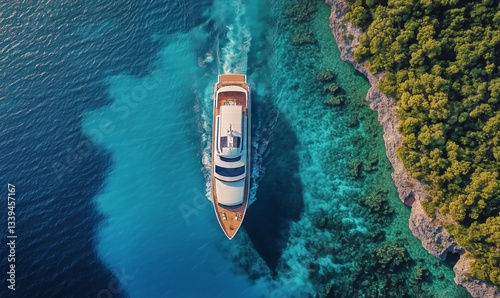 Luxury Yacht Cruises Through Turquoise Water Near Forested Cliffs