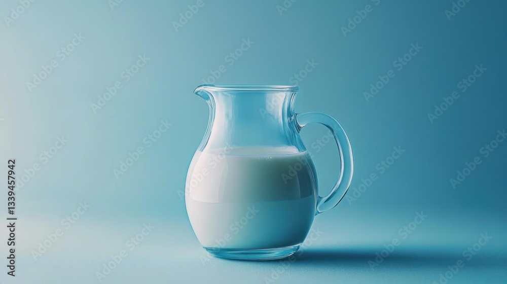 Clear glass pitcher of milk against a vibrant blue background Clear glass pitcher of milk against a vibrant blue background