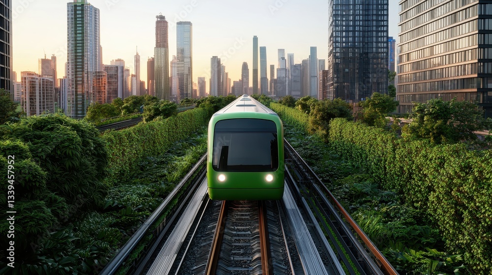 Naklejka premium A green train travels through a lush, green landscape amidst tall urban buildings under a warm sunset, showcasing a blend of nature and modern architecture.