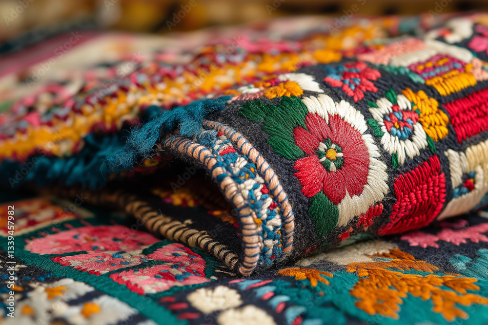 Fototapeta premium Close-Up of Colorful Embroidered Floral Fabric With Intricate Details