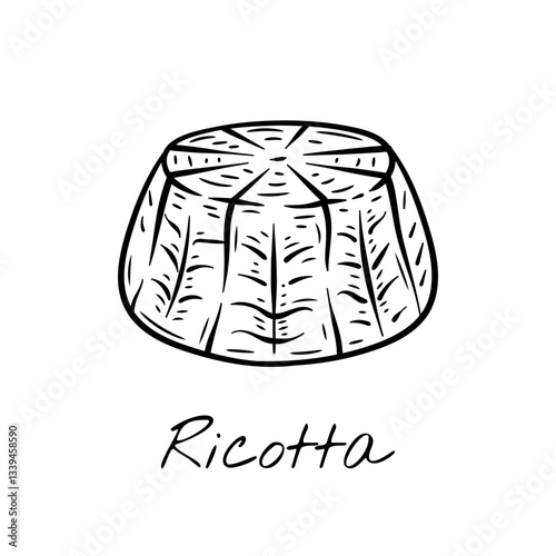 Hand-drawn black and white vector illustration of a ricotta cheese wheel with a textured surface. Vintage engraving-style, perfect for food packaging, restaurant menus, and dairy product branding.
