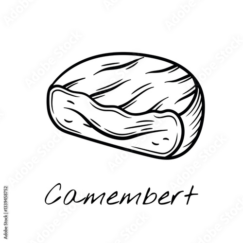 Hand-drawn black and white vector illustration of a camembert cheese, half cut. Vintage engraving-style, perfect for food packaging, restaurant menus, and dairy product branding.