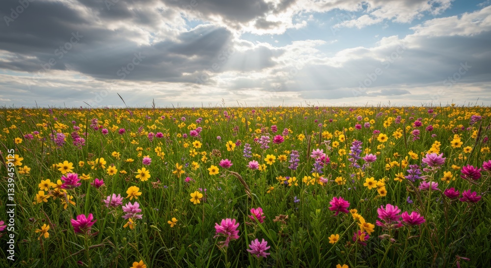 A vibrant field of wildflowers in full bloom, light streaming through fluffy white clouds, generous blank area for typography A vibrant field of wildflowers in full bloom, light streaming through fluffy white clouds, generous blank area for typography