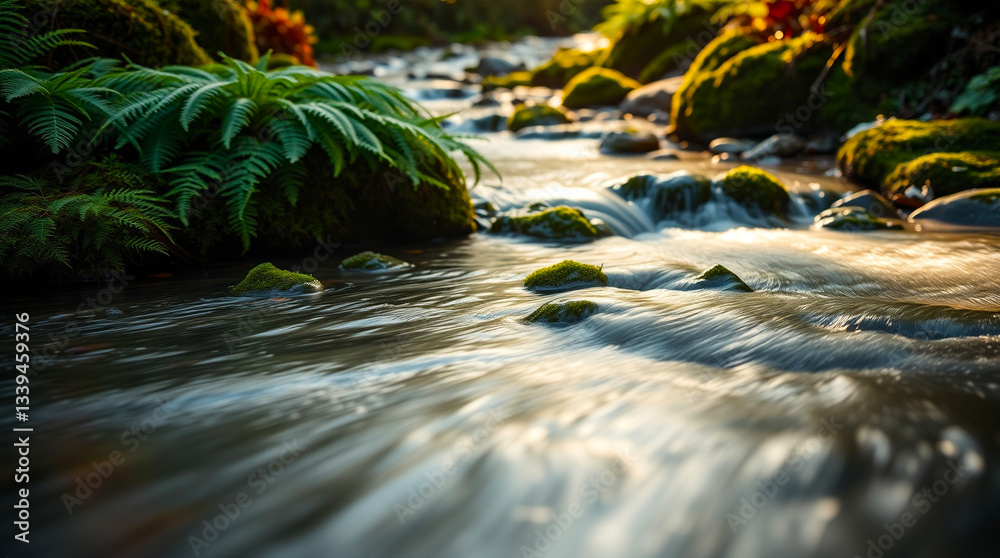 Obraz premium Gentle Stream in Forest, Flowing Stream Among Green Ferns, Tranquil Forest Stream, Sunlit Stream in Lush Forest, Serene Stream Through Moss, Soft Sunlight and Flowing Stream, 