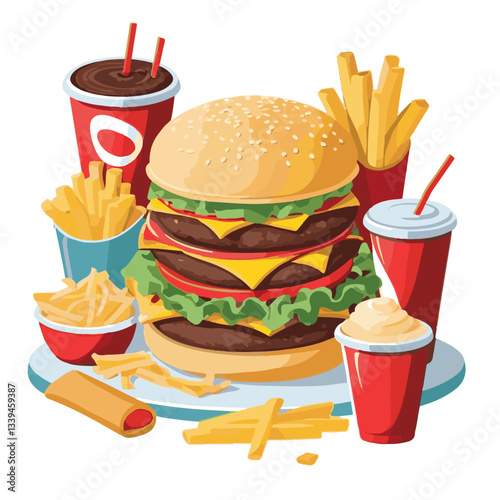 fastfood, fast, snack, food, meal, delicious, background, lunch, dinner, fat, american, burger, unhealthy, restaurant, meat, isolated, junk, menu, cheeseburger, tasty, set, hamburger, sandwich, cuisin