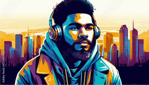 An African man wearing headphones. Multi-colored illustration. Vector graphics. EPS.