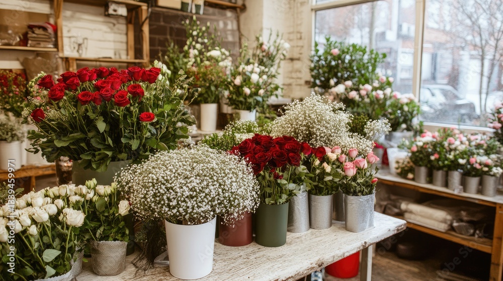 Fototapeta premium A florist's workspace with fresh flower arrangements in progress, featuring roses, daisies, and baby's breath in charming gift wraps.