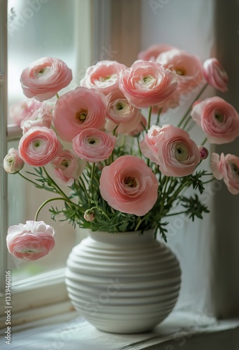 Pink Ranunculus Flowers Displayed in a White Fluted Vase Sitting Near a Window
