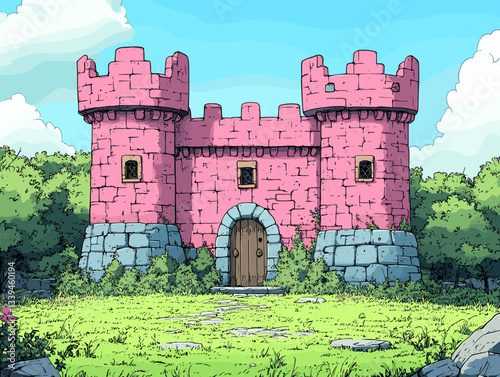 Charming cartoon pink castle with two towers, a wooden door, and stone base, surrounded by green trees and grass, set under a bright blue sky