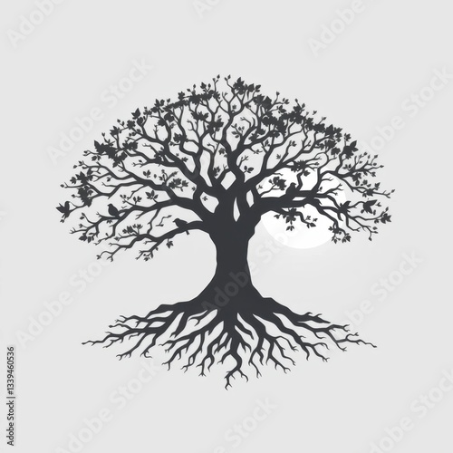 Elegant Black Silhouette Tree with Roots - Nature-Inspired Vector Art & Tattoo Design